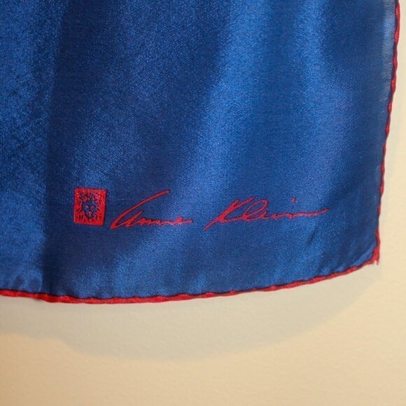 Anne Klein Navy Blue Red Trim Silk Scarf - 21 Inch Square - Picture 2 of 3